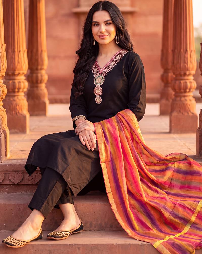 Black embroidered straight kurta trousers with dupatta set