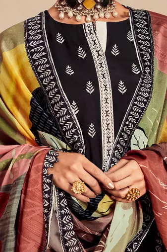 Black printed straight kurta trousers with dupatta set