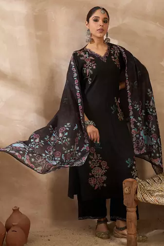 Black solid straight kurta trousers with dupatta set