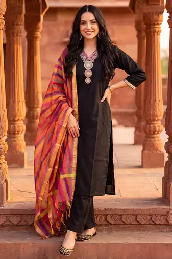 Black embroidered straight kurta trousers with dupatta set