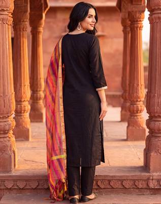 Black embroidered straight kurta trousers with dupatta set 3