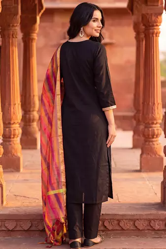 Black embroidered straight kurta trousers with dupatta set