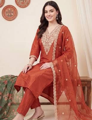 Orange embroidered straight kurta trousers with dupatta set 1