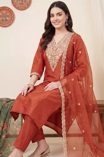 Orange embroidered straight kurta trousers with dupatta set