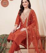 Orange embroidered straight kurta trousers with dupatta set