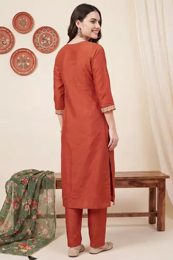 Orange embroidered straight kurta trousers with dupatta set