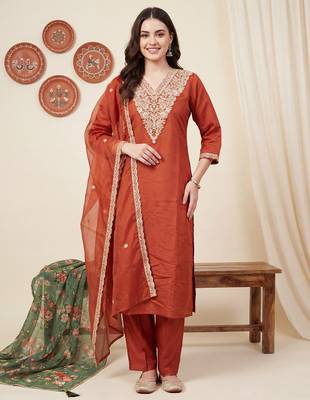 Orange embroidered straight kurta trousers with dupatta set 3