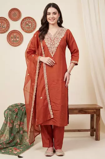 Orange embroidered straight kurta trousers with dupatta set