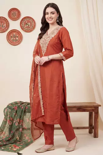 Orange embroidered straight kurta trousers with dupatta set