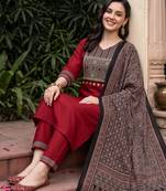 Maroon yoke design straight kurta trousers with dupatta set