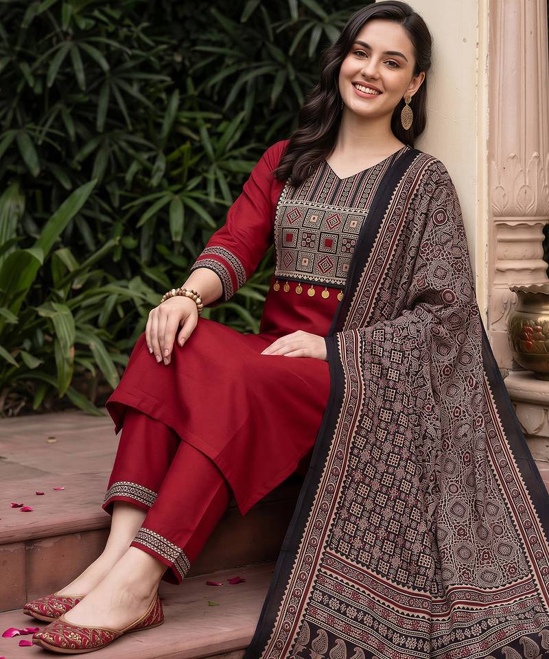 Maroon yoke design straight kurta trousers with dupatta set