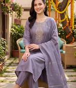 Lavender embroidered straight kurta trousers with dupatta set