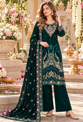 Emerald velvet semi stitched suit with embroidery & sequence work 1