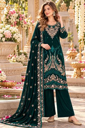 Emerald velvet semi stitched suit with embroidery & sequence work