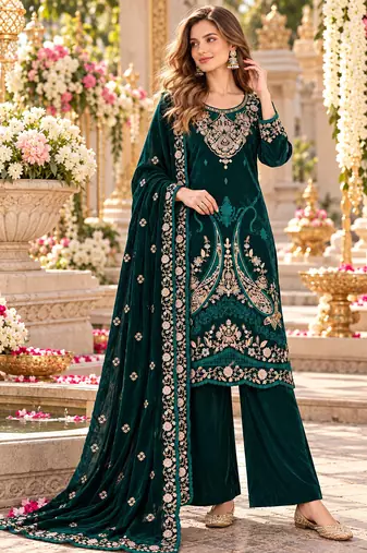 Emerald velvet semi stitched suit with embroidery & sequence work