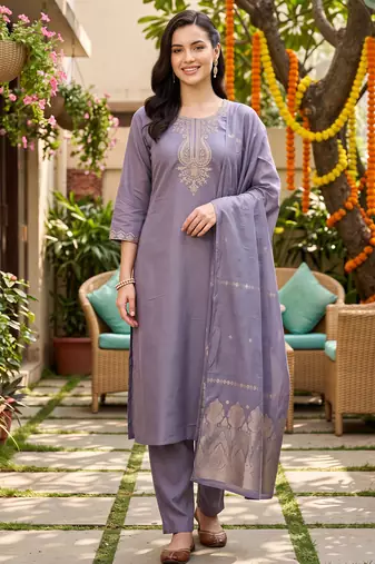 Lavender embroidered straight kurta trousers with dupatta set