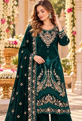 Emerald velvet semi stitched suit with embroidery & sequence work 2