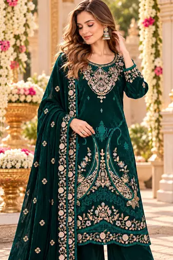 Emerald velvet semi stitched suit with embroidery & sequence work