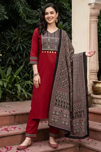 Maroon yoke design straight kurta trousers with dupatta set