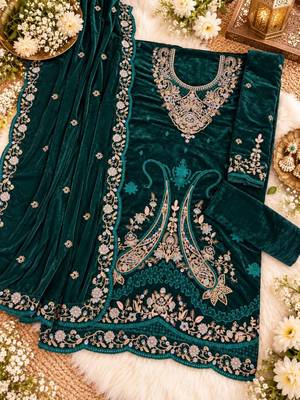 Emerald velvet semi stitched suit with embroidery & sequence work 3