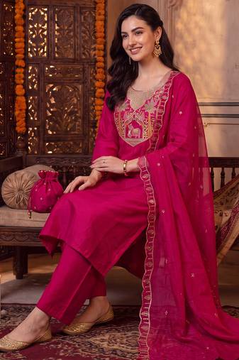 Pink embroidered straight kurta trousers with dupatta set