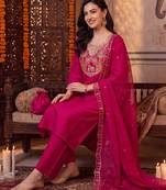 Pink embroidered straight kurta trousers with dupatta set