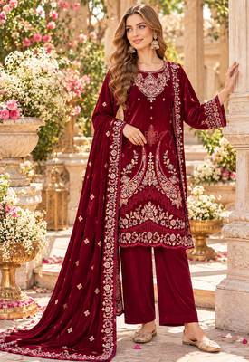 Maroon velvet semi stitched suit with embroidery & sequence work 1