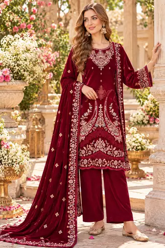 Maroon velvet semi stitched suit with embroidery & sequence work
