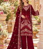 Maroon velvet semi stitched suit with embroidery & sequence work