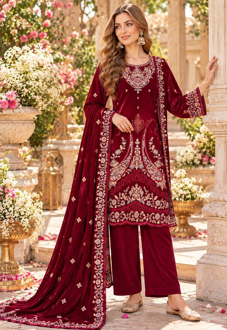 Maroon velvet semi stitched suit with embroidery & sequence work