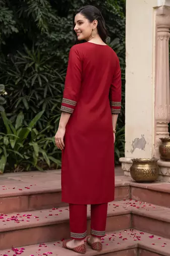 Maroon yoke design straight kurta trousers with dupatta set