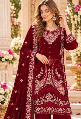 Maroon velvet semi stitched suit with embroidery & sequence work 2