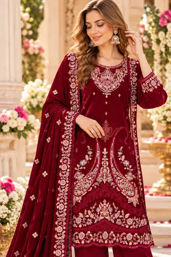 Maroon velvet semi stitched suit with embroidery & sequence work
