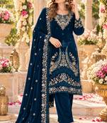 Navy velvet semi stitched suit with embroidery & sequence work