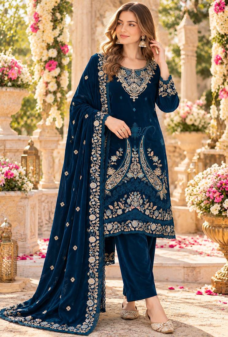 Navy velvet semi stitched suit with embroidery & sequence work