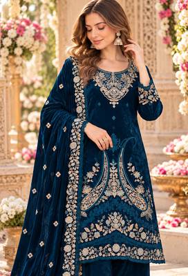 Navy velvet semi stitched suit with embroidery & sequence work 2