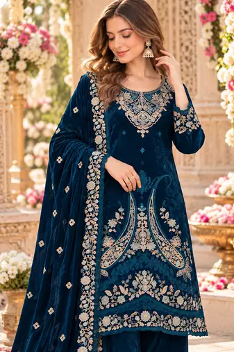 Navy velvet semi stitched suit with embroidery & sequence work