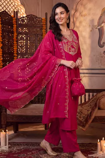 Pink embroidered straight kurta trousers with dupatta set