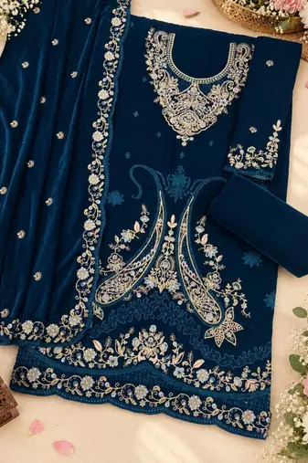 Navy velvet semi stitched suit with embroidery & sequence work