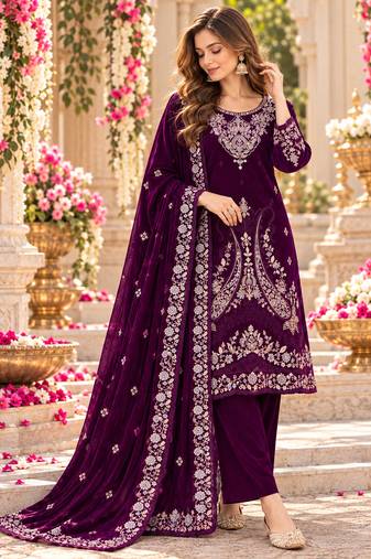 Purple velvet semi stitched suit with embroidery & sequence work