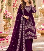 Purple velvet semi stitched suit with embroidery & sequence work