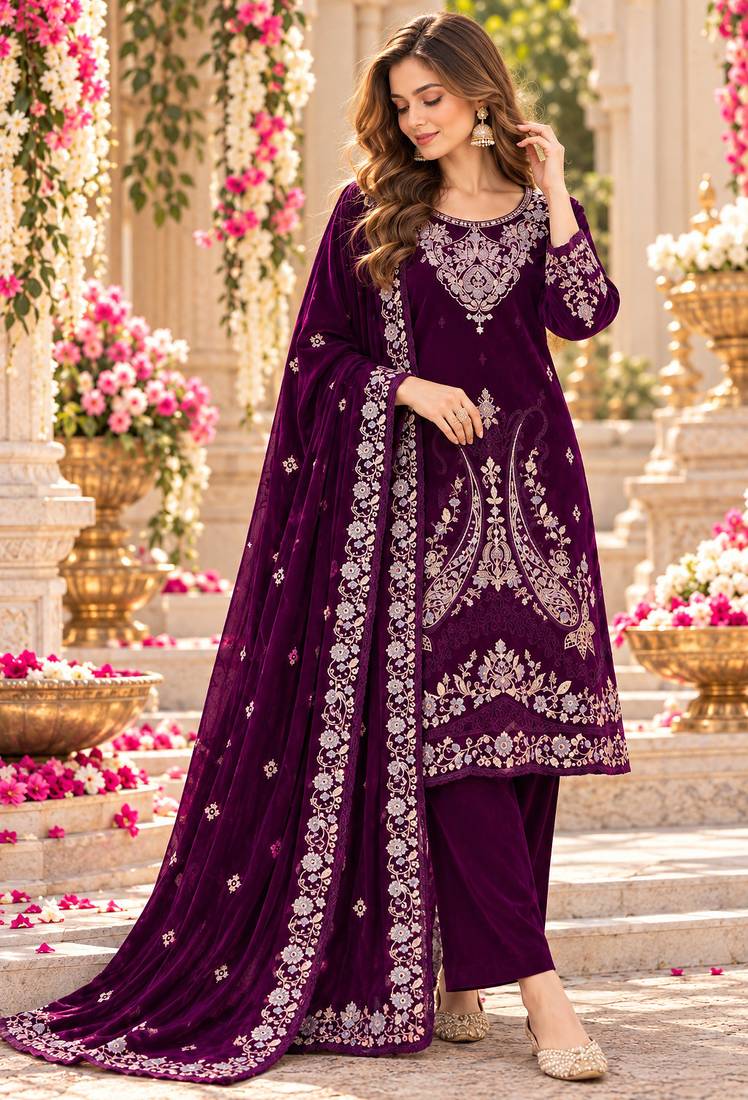 Purple velvet semi stitched suit with embroidery & sequence work