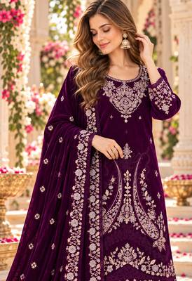 Purple velvet semi stitched suit with embroidery & sequence work 2