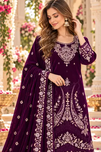 Purple velvet semi stitched suit with embroidery & sequence work