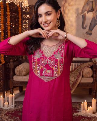Pink embroidered straight kurta trousers with dupatta set 4