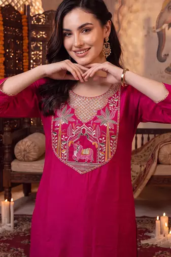 Pink embroidered straight kurta trousers with dupatta set