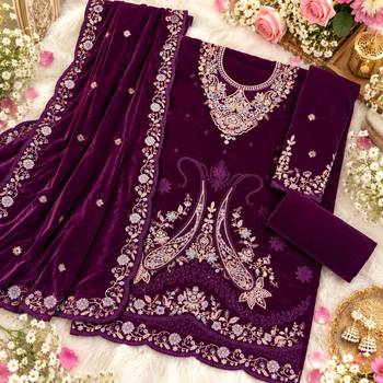 Purple velvet semi stitched suit with embroidery & sequence work 3