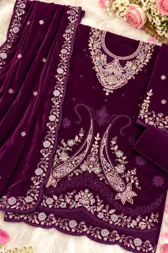 Purple velvet semi stitched suit with embroidery & sequence work