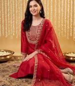 Red embroidered straight kurta trousers with dupatta set