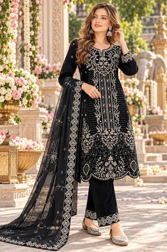 Black velvet semi stitched suit with embroidery & sequence work